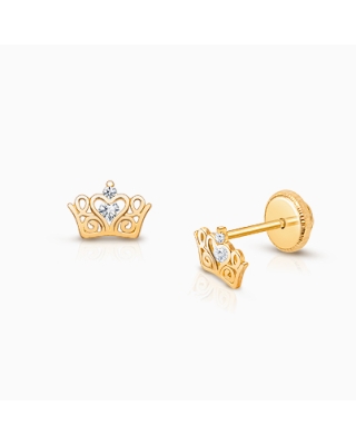 Tiny Tiara, Clear CZ Crown Baby/Children&#039;s Earrings, Screw Back - 14K Gold