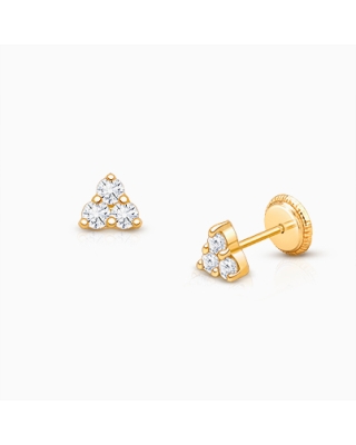 Tiny Trinity, Clear CZ Cluster, Christening/Baptism Baby/Children&#039;s Earrings, Screw Back - 14K Gold