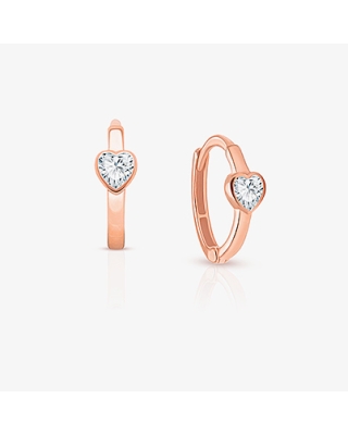 True Love, Clear CZ Heart Baby/Children&#039;s Huggie Hoop Earrings - 14K Rose Gold