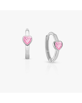 True Love, Pink CZ Heart Baby/Children's Huggie Hoop Earrings - 14K White Gold