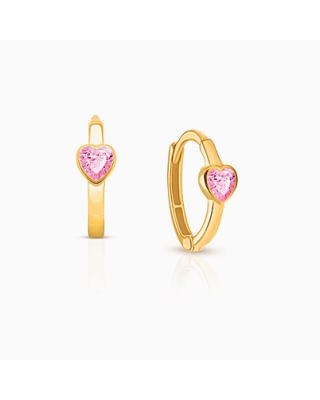 True Love, Pink CZ Heart Baby/Children&#039;s Huggie Hoop Earrings - 14K Gold
