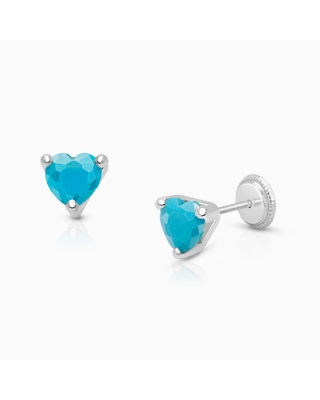 Simple Heart Studs, 5mm Turquoise CZ Baby/Children&#039;s Earrings, Screw Back - 14K White Gold