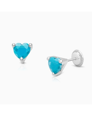 Simple Heart Studs, 5mm Turquoise CZ Teen&#039;s Earrings, Screw Back - 14K White Gold