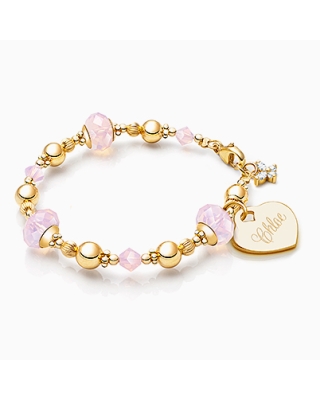Gia™ Sweet Rose, Pink Opal Baby/Children&#039;s Beaded Bracelet for Girls (INCLUDES Engraved Charm) - 14K Gold