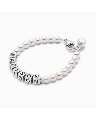 4mm Cultured Pearls, Baby/Children's Name Bracelet for Girls (Includes Pearl Charm) - Sterling Silver