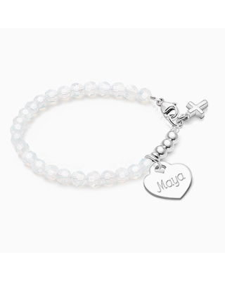 Tiny Blessings Signature Crystal White Opal Engraved Heart Bracelet for Girls Christening/Baptism