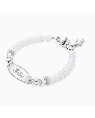 Tiny Blessings Signature Crystal White Opal Name Plaque Bracelet for Girls Christening/Baptism