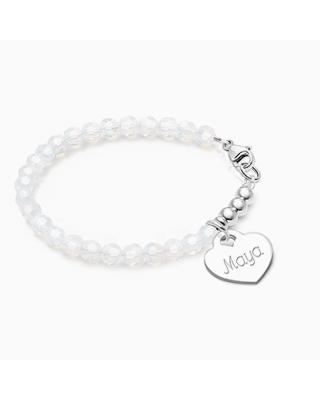 tB® Signature Crystal™ White Opal, Baby/Children’s Beaded Bracelet for Girls (INCLUDES Engraved Charm) - Sterling Silver