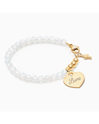 Tiny Blessings Signature Crystal White Opal Engraved Heart Bracelet for Girls Christening/Baptism made from Solid 14K Gold