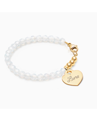 Tiny Blessings Signature Crystal White Opal Engraved Heart Bracelet for Teen Girls made from Solid 14K Gold