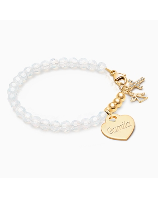 Tiny Blessings Signature Crystal White Opal Engraved Heart 14K Solid Gold Bracelet for Girls Christening/Baptism