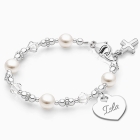 Diamonds and Pearls Bracelet with Religious Cross Charm and Personalized Engraved Heart
