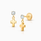 Simple Cross Dangle, Clear CZ First Holy Communion Children&#039;s Earrings, Screw Back - 14K Gold