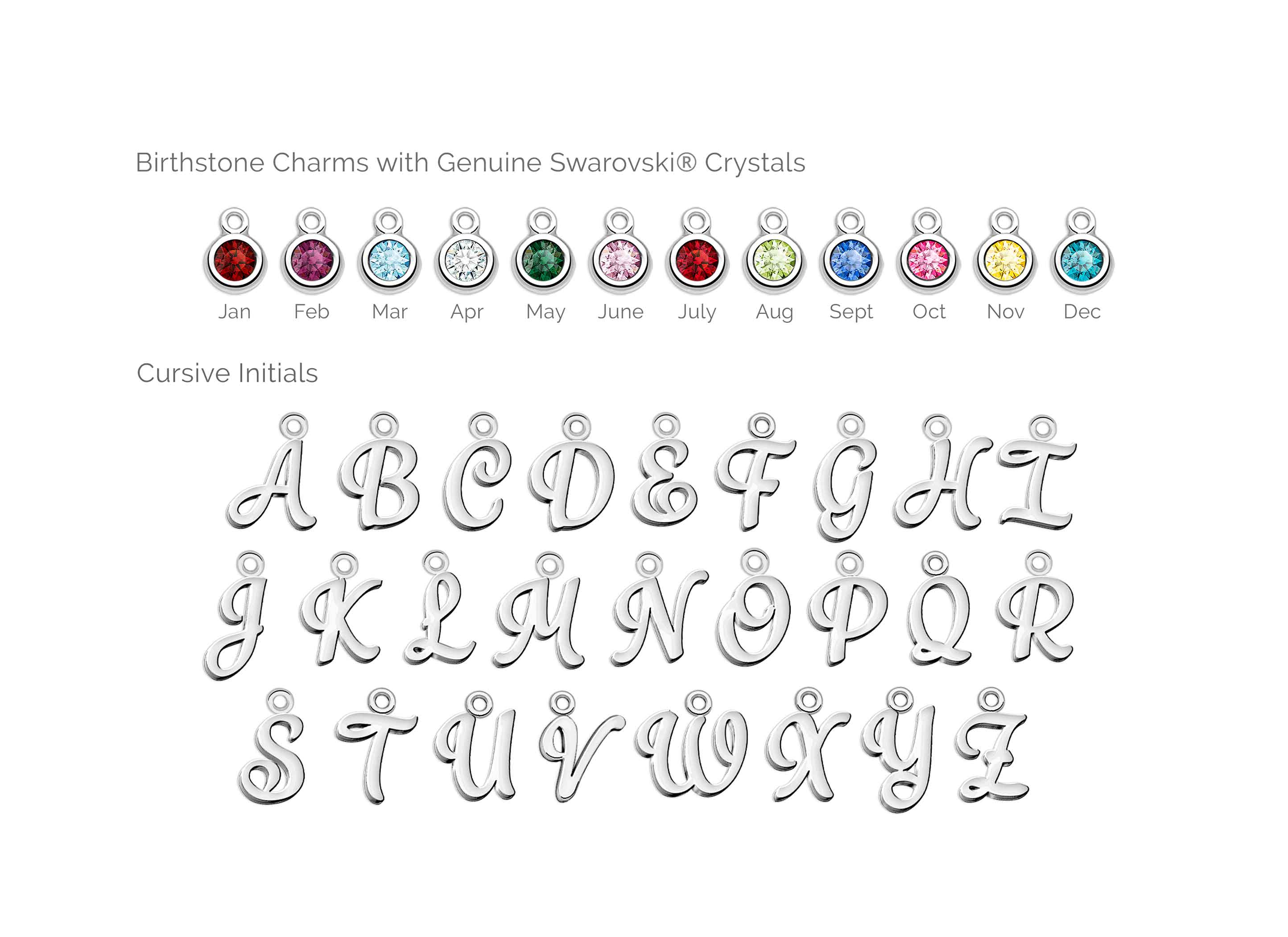 Birthstone and Cursive Initial Charms Available