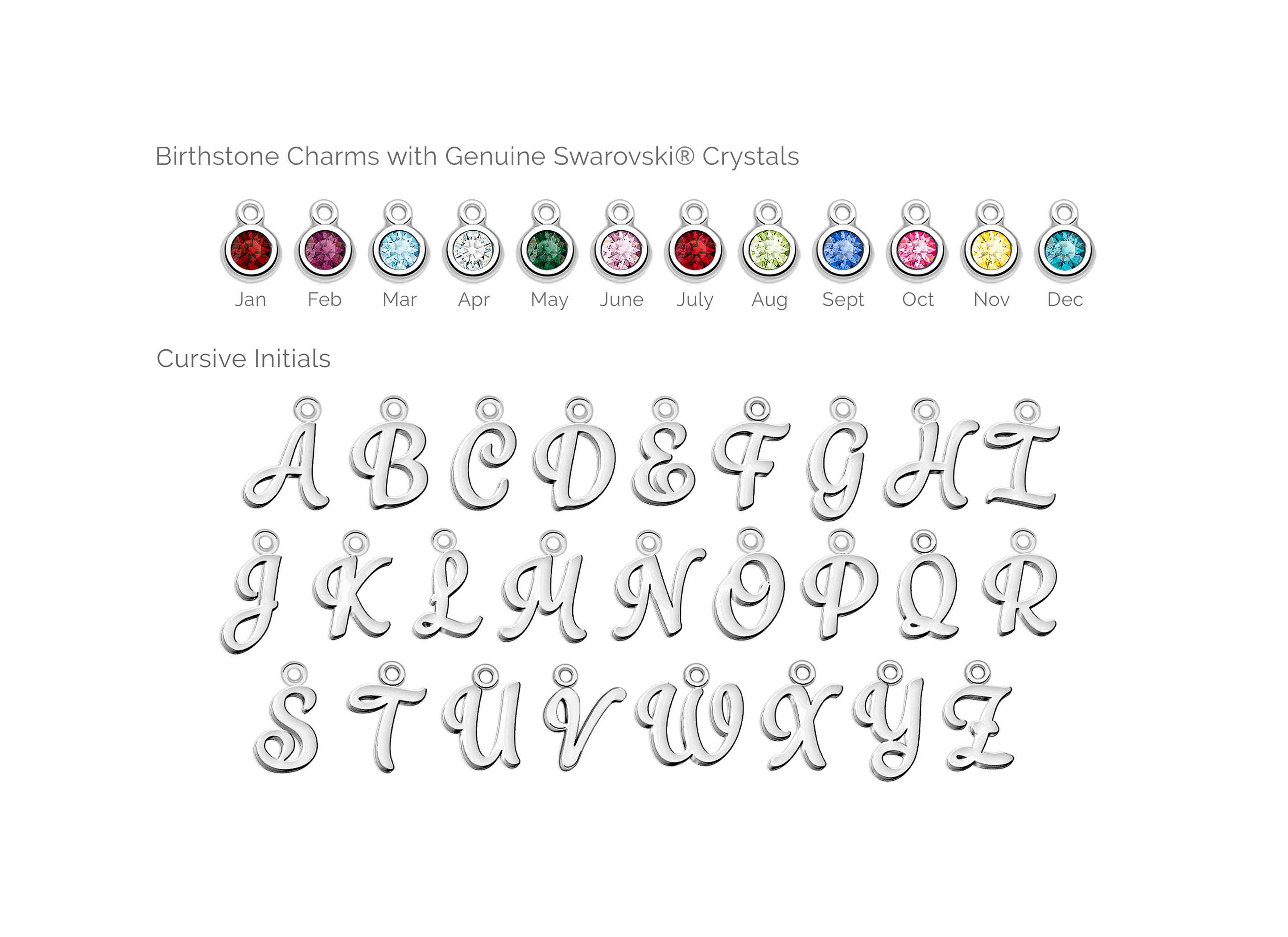 Birthstone and Cursive Initial Charms Available