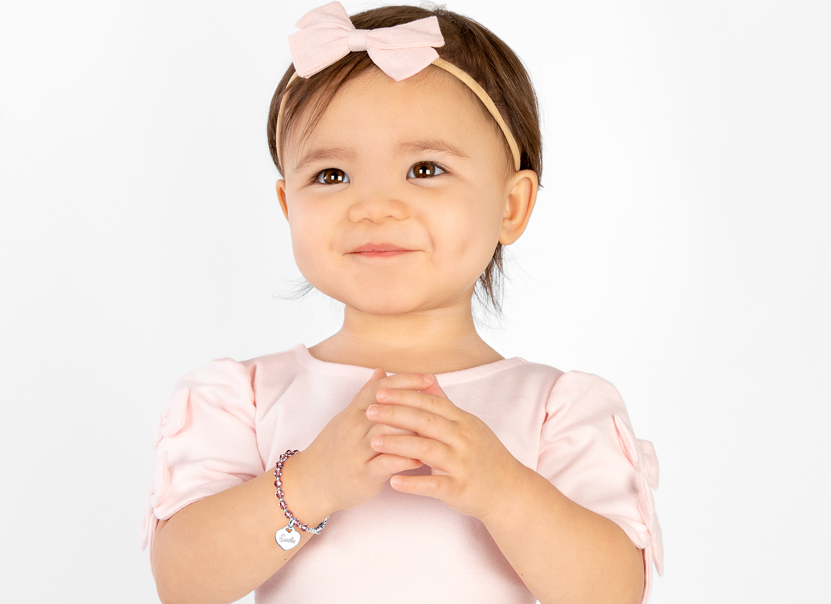 February Birthstone Bracelet Example Shown on 2 Year Old Girl